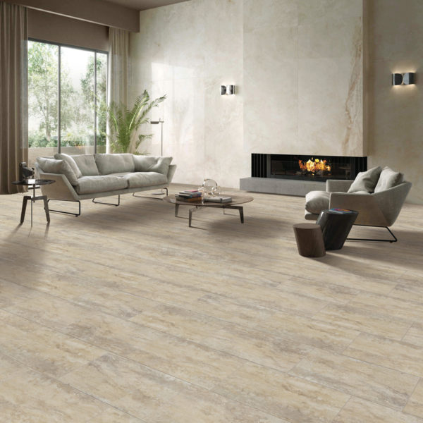 Medallion Aquarius SPC/WPC Tiles Room Scene With Cashmere Floor Sample On It