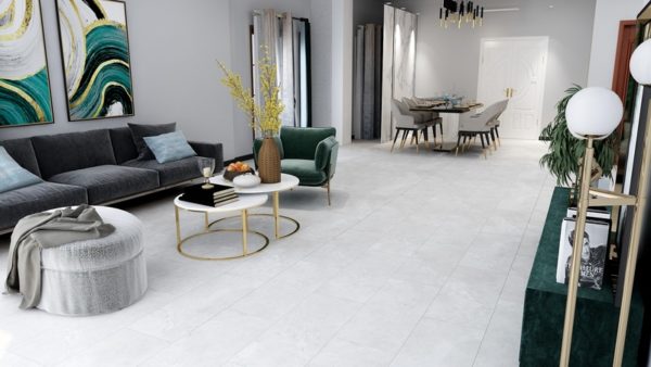 Medallion Aquarius SPC/WPC Tiles Room Scene With Travertine Bianco Floor Sample On It
