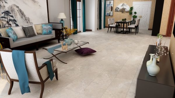 Medallion Aquarius SPC/WPC Tiles Room Scene With Travertine Biscuit Floor Sample On It